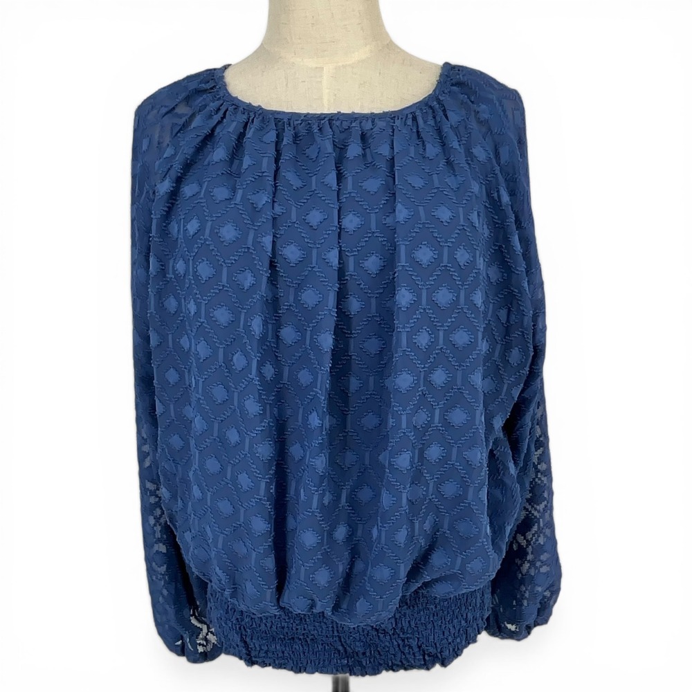 Harper 241 Navy Blue Clip Dot Smocked Hem Blouse PXL Nautical Preppy Beach